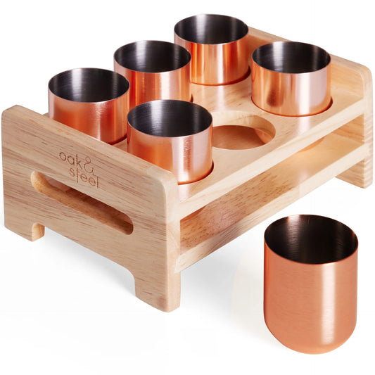 Oak & Steel 6 Rose Gold SS Shot Glass W/ Holder